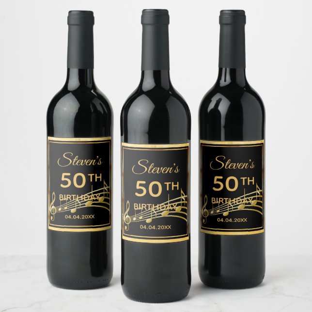 50th birthday party black gold music notes name wine label (Bottles)