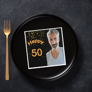 50th birthday party black gold photo men guy napkin