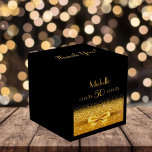 50th birthday party black gold thank you favour box<br><div class="desc">Elegant, classic, glamourous and feminine style favour box. A gold coloured ribbon and bow with golden glitter and sparkle, a bit of bling and luxury for a 50th birthday party. Black background. With the text: Thank You! on top. Front: Templates for a name, age 50 and date of birth and...</div>