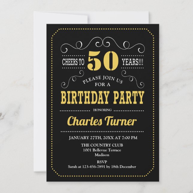 50th Birthday Party - Black Gold White Invitation (Front)