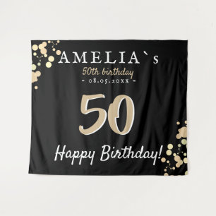 50th Birthday Party Black Golden Backdrop Tapestry