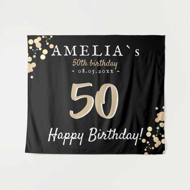 50th Birthday Party Black Golden Backdrop Tapestry (Front (Horizontal))