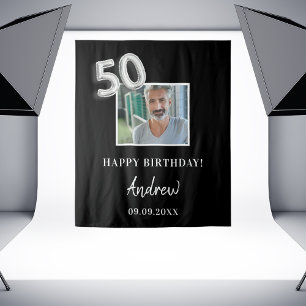 50th birthday party black photo name guy tapestry