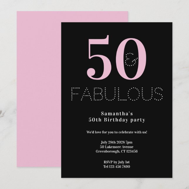 50th Birthday Party Black Pink Modern Party Invitation (Front/Back)