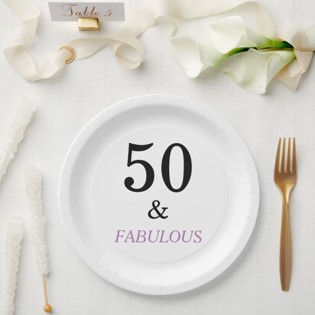 50th Birthday Party Black Purple Text Paper Plate (Wedding)