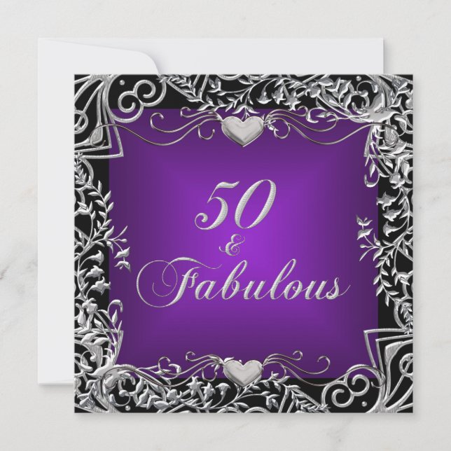 50th Birthday Party Black Silver Deep Purple Invitation (Front)