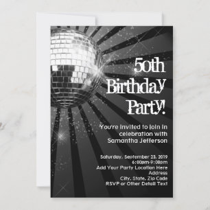 50th Birthday Party Black Sparkle Disco Ball Invitation