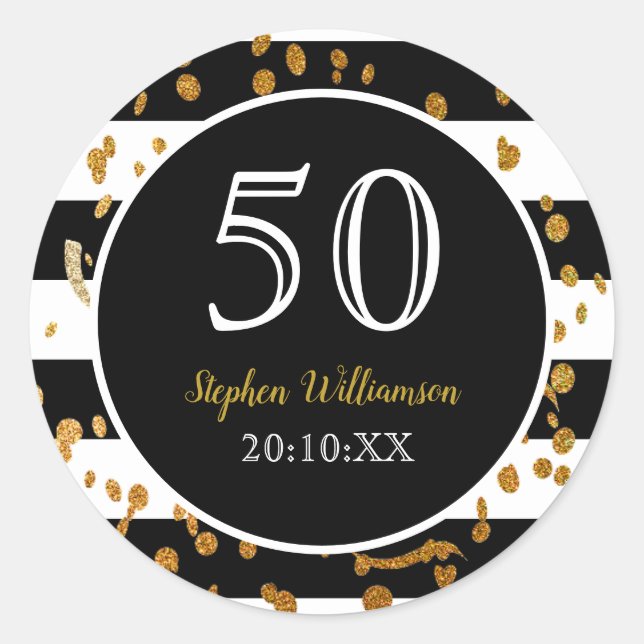 50th Birthday Party| Black White and Gold Glitter Classic Round Sticker (Front)