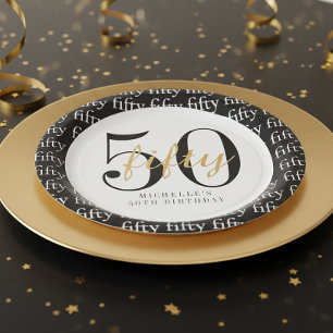 50th Birthday Party Black White Fifty Paper Plate