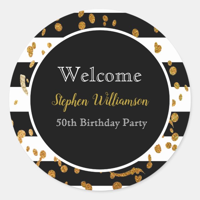 50th Birthday Party| Black White Gold Welcome Classic Round Sticker (Front)