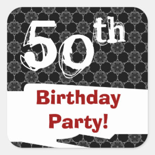 50th Birthday Party Black White Pattern and Red Square Sticker