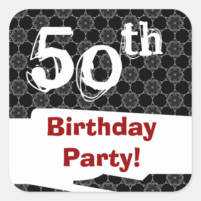 50th Birthday Party Black White Pattern and Red Square Sticker (Front)