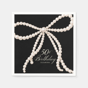 50th Birthday Party Black White Pearl Bow Cocktail Napkin