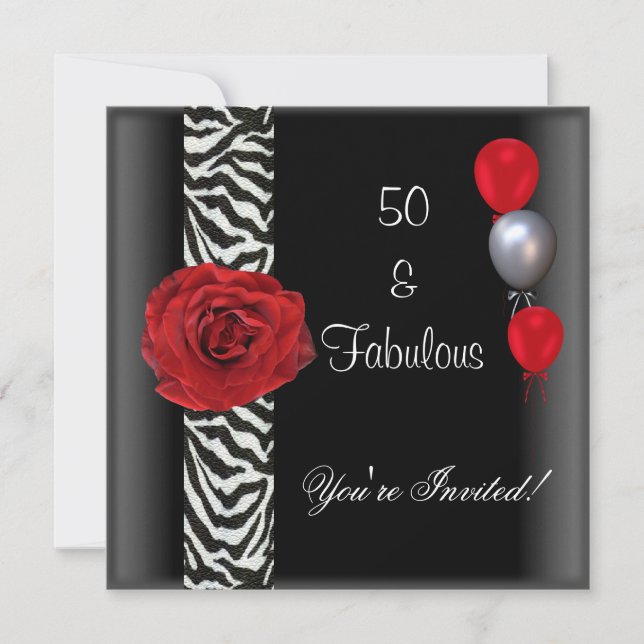 50th Birthday Party Black White Red Rose Zebra Invitation (Front)