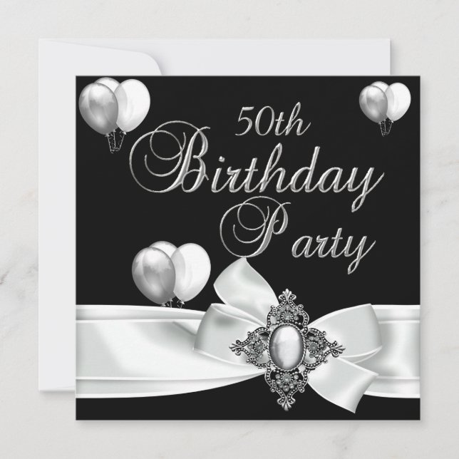 50th Birthday Party Black White Silver Balloons Invitation (Front)