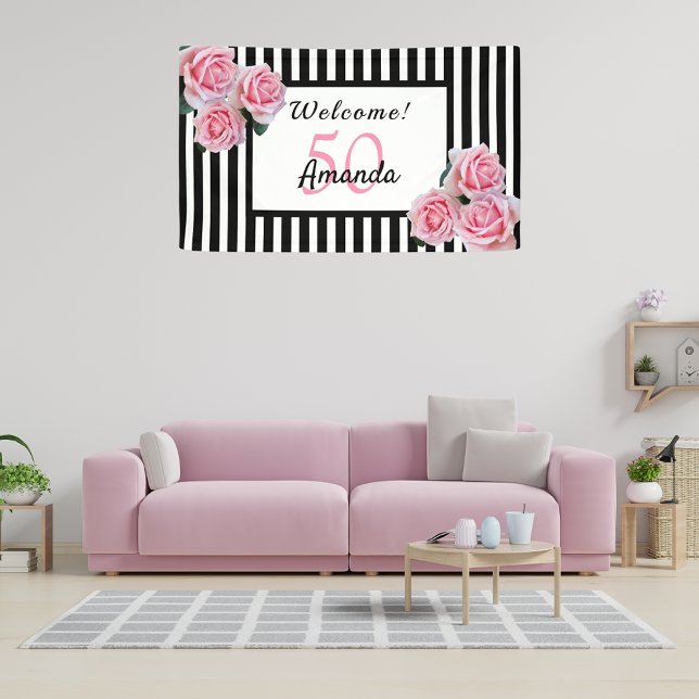 50th birthday party black white stripes florals banner (Creator Uploaded)
