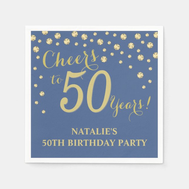 50th Birthday Party Blue and Gold Diamond Napkins (Front)
