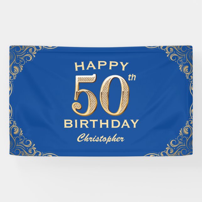 50th Birthday Party Blue and Gold Glitter Frame Banner (Horizontal)