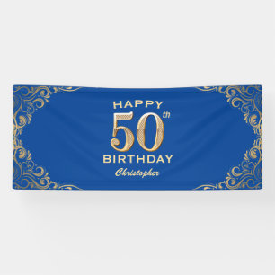 50th Birthday Party Blue and Gold Glitter Frame Banner