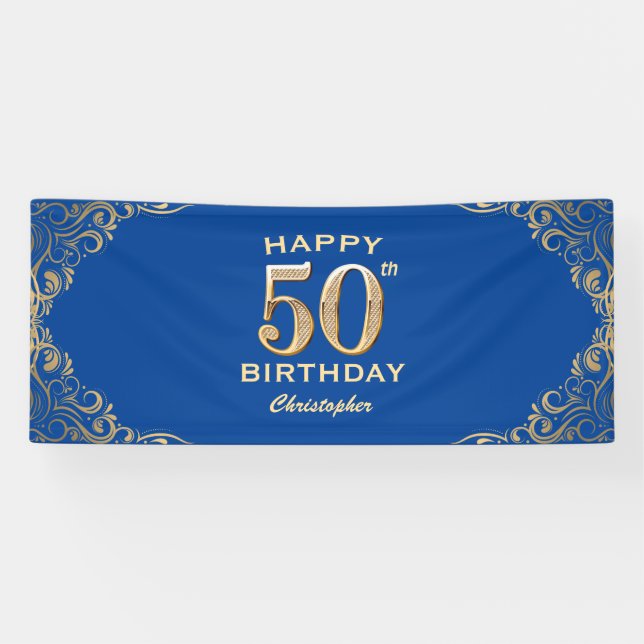 50th Birthday Party Blue and Gold Glitter Frame Banner (Horizontal)