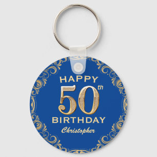 50th Birthday Party Blue and Gold Glitter Frame Key Ring