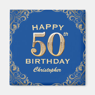 50th Birthday Party Blue and Gold Glitter Frame Magnet