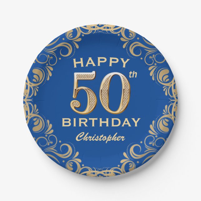 50th Birthday Party Blue and Gold Glitter Frame Paper Plate (Front)