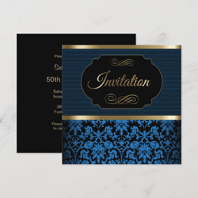50th Birthday Party | Blue, Gold & Black Damask Invitation (Front/Back)