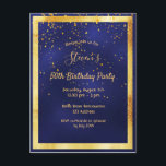 50th birthday party blue gold confetti invitation postcard<br><div class="desc">On front: A trendy,  modern 50th birthday party invitation card for men.   A dark blue,  navy blue background. The blue colour is uneven.  With a faux gold frame and golden confetti,  golden coloured letters. Templates for your party information.  Back: white background.</div>
