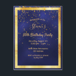 50th birthday party blue gold confetti invitation postcard<br><div class="desc">On front: A trendy,  modern 50th birthday party invitation card for men.   A dark blue,  navy blue background. The blue colour is uneven.  With a faux gold frame and golden confetti,  golden coloured letters. Templates for your party information.  Back: white background.</div>