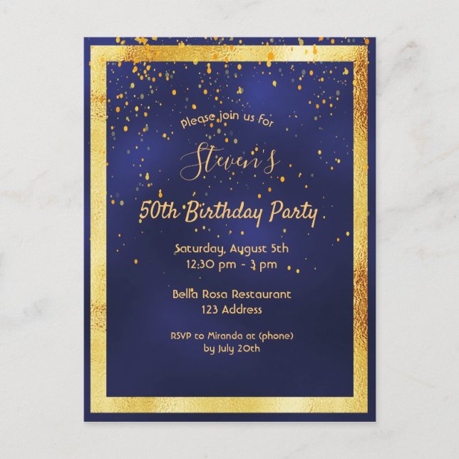 50th birthday party blue gold confetti invitation postcard (Front)