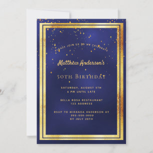 50th birthday party blue gold confetti sprinkle invitation