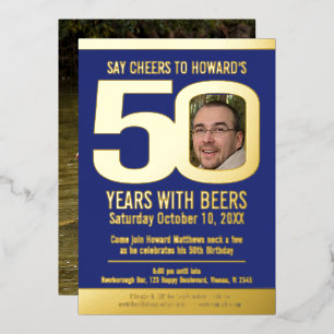 50th Birthday party blue gold foil photo beer 