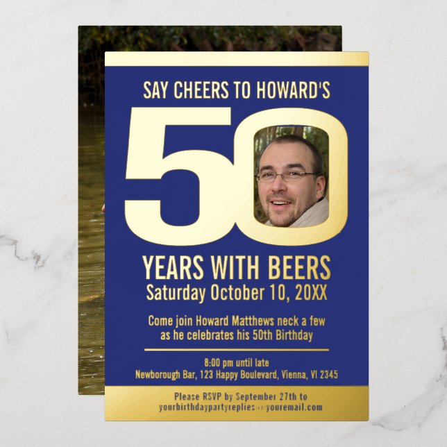 50th Birthday party blue gold foil photo beer  (Front/Back)