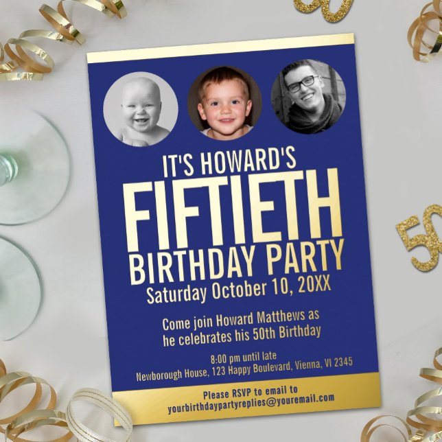 50th Birthday party blue gold foil photo circles (Creator Uploaded)