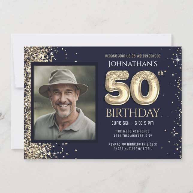 50th Birthday Party Blue Gold Glitter  Invitation (Front)