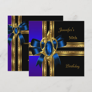 50th Birthday Party Blue Gold Heart Jewel Invitation