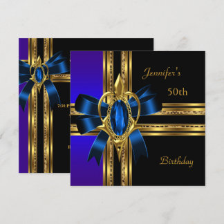 50th Birthday Party Blue Gold Heart Jewel Invitation