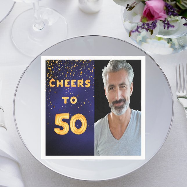 50th birthday party blue gold photo napkin (Creator Uploaded)