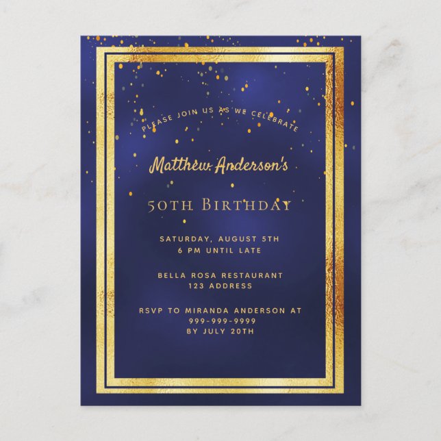 50th birthday party blue gold shiny invitation postcard (Front)