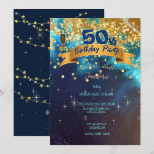 50th Birthday Party Blue Gold Sparkles Classy Invi Invitation