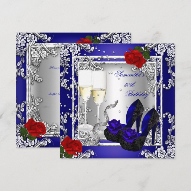 50th Birthday Party Blue Red Rose Silver Invitation (Front/Back)