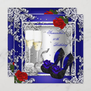 50th Birthday Party Blue Red Rose Silver Invitation
