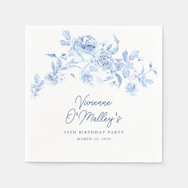 50th Birthday Party Blue Rose Floral Custom Napkin (Front)