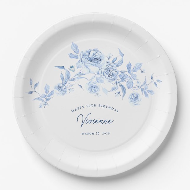 50th Birthday Party Blue Rose Floral Custom Paper Plate (Front)