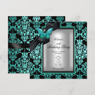 50th Birthday Party Blue Silver Damask Butterfly Invitation