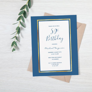 50th birthday party blue white gold invitation postcard