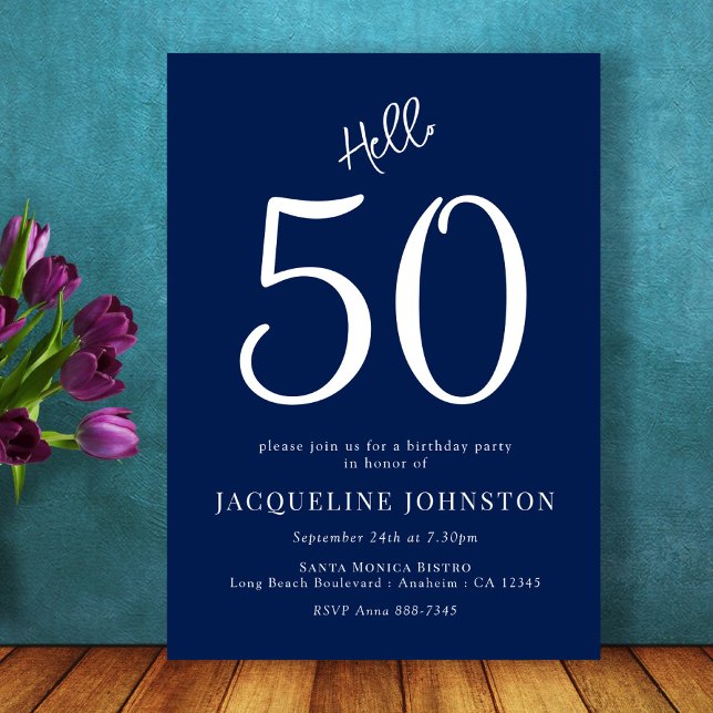 50th Birthday Party Blue White Hello 50 Invitation (Creator Uploaded)