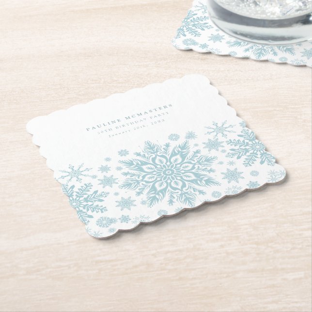 50th Birthday Party Blue White Snowflake Custom Paper Coaster (Angled)