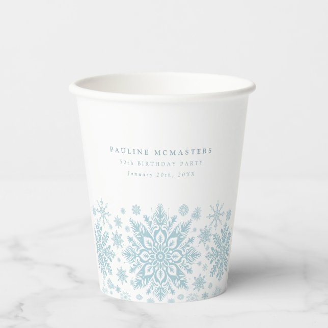 50th Birthday Party Blue White Snowflake Custom Paper Cups (Front)